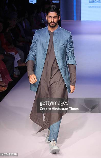 Model walking on the ramp in Antar Agni's creation at Lakme Fashion Week Summer/Resort 2015 on March 19, 2015 in Mumbai, India.