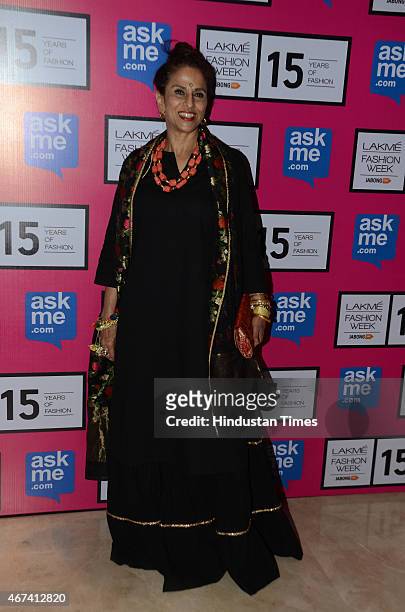 Columnist and novelist Shobha De at Lakme Fashion Week Summer/Resort 2015 on March 22, 2015 in Mumbai, India.