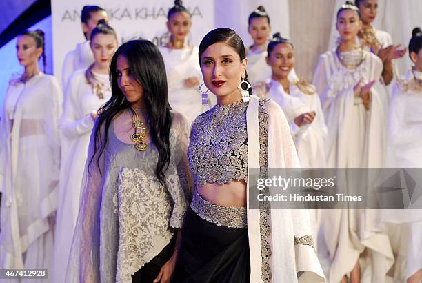Bollywood actor Kareena Kapoor Khan with fashion designer Annamika Khanna walks the ramp during the grand finale show at the Lakme Fashion Week...