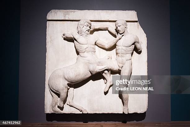 Marble metope sculpture from the Parthenon in Athens, part of the collection that is popularly referred to as the Elgin Marbles, depicting a battle...