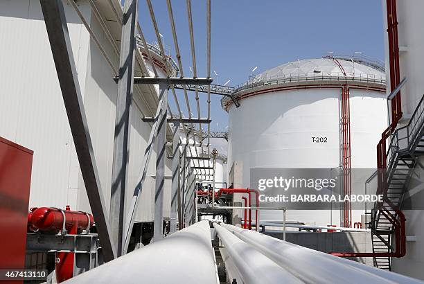 Picture taken on March 24, 2015 shows tanks at the oil storage terminal of VTT Vasiliko Ltd at the port of Vasilikos in the coastal southern Cypriot...