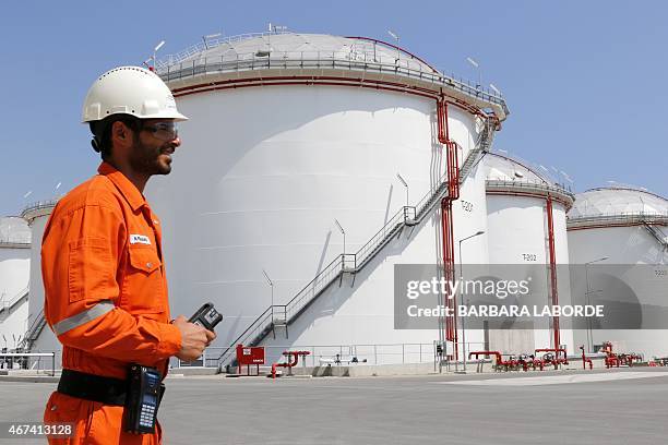 An employee stands on March 24, 2015 in front of tanks at the oil storage terminal of VTT Vasiliko Ltd at the port of Vasilikos in the coastal...