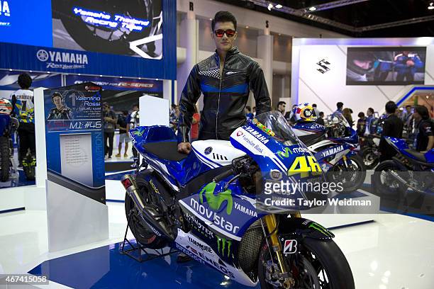 The Valentino Rossi No.46 Yamaha YZR-M1 is displayed at the 36th Bangkok International Motor Show at Impact Muang Thong Thani on March 24, 2015 in...
