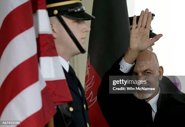 President of Afghanistan Ashraf Ghani waves as he arrives at the White House March 24, 2015 in Washington, DC. Ghani is scheduled to meet with U.S....