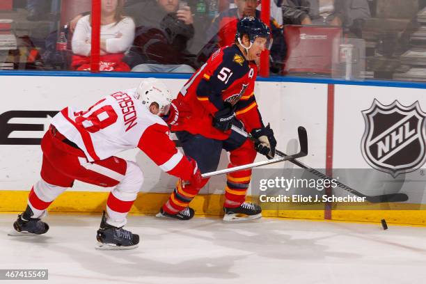 Brian Campbell of the Florida Panthers skates with the puck against Joakim Andersson of the Detroit Red Wings at the BB&T Center on February 6, 2014...