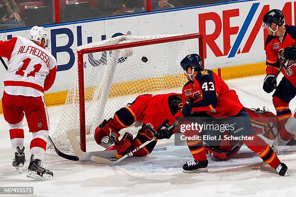 Daniel Alfredsson of the Detroit Red Wings scores a goal against Goaltender Tim Thomas of the Florida Panthers at the BB&T Center on February 6, 2014...