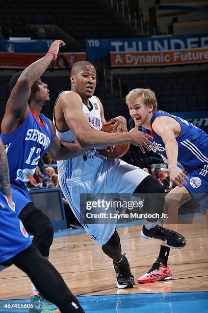 Rodney Williams of the Oklahoma City Blue drives to the basket against the Delaware 87ers during an NBA D-League game on March 22, 2015 at the...