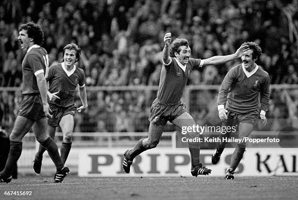 Alan Kennedy celebrates after scoring in extra-time for Liverpool during the League Cup Final between West Ham United and Liverpool at Wembley...