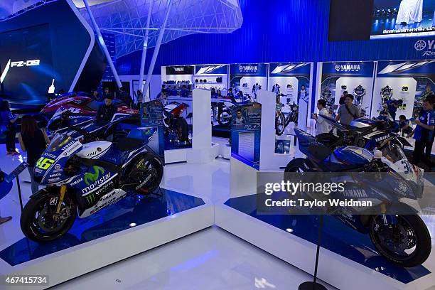 General view of the Yamaha booth is displayed at the 36th Bangkok International Motor Show at Impact Muang Thong Thani on March 24, 2015 in Bangkok,...