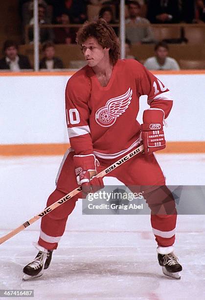 Ron Duguay of the Detroit Red Wings skates up ice against the Toronto Maple Leafs during game action on October 24,1984 at Maple Leaf Gardens in...