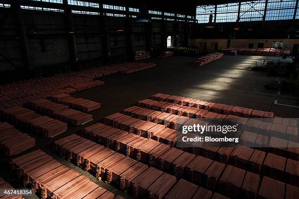 Large collection of newly formed copper cathode sheets sit in a warehouse at the KHGM Polska Miedz SA copper smelting plant in Glogow, Poland, on...