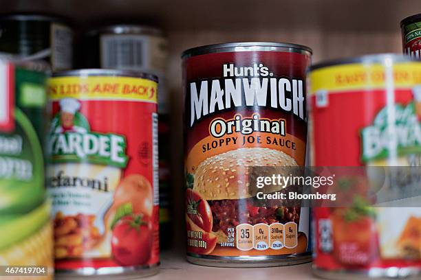 Can of ConAgra Foods Inc. Manwich brand sloppy joe sauce is arranged for a photograph in Tiskilwa, Illinois, U.S., on Monday, March 23, 2015. ConAgra...