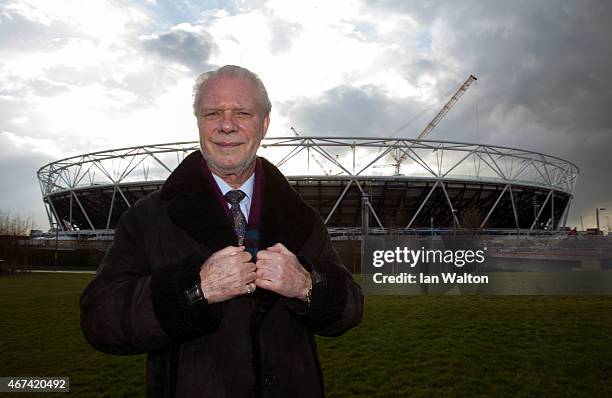 West Ham United Chairman David Gold poses for photographers outside the olympic stadium during a Lycamobile & West Ham United Partnership...