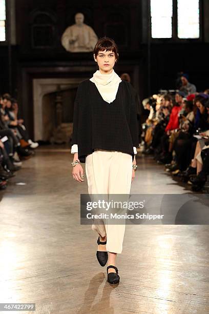 Model walks the runway at the Creatures Of Comfort fashion show during Mercedes-Benz Fashion Week Fall 2014 at The Highline Hotel on February 6, 2014...