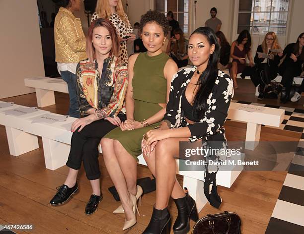 Asami Zdrenka, Jess Plummer and Amira McCarthy of Neon Jungle attend as Rochelle Humes presents her SS15 collection for very.co.uk at The Portico...