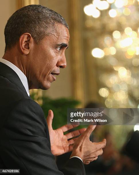 President Barack Obama speaks during a news conference with Afghan President Ashram Ghani in the East Room at the White House on March 24, 2015 in...