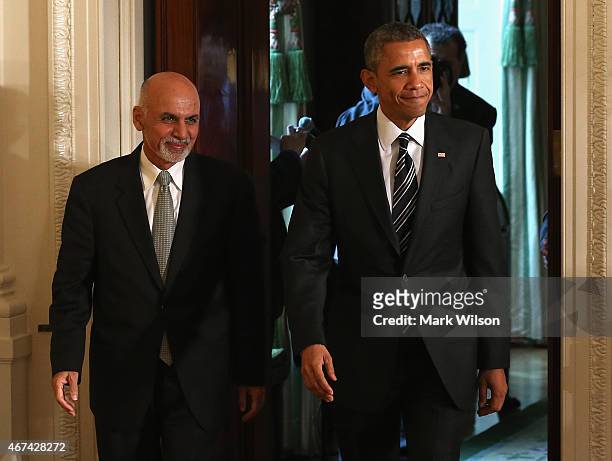 President Barack Obama and Afghan President Ashram Ghani in the East Room before a news conference at the White House on March 24, 2015 in...