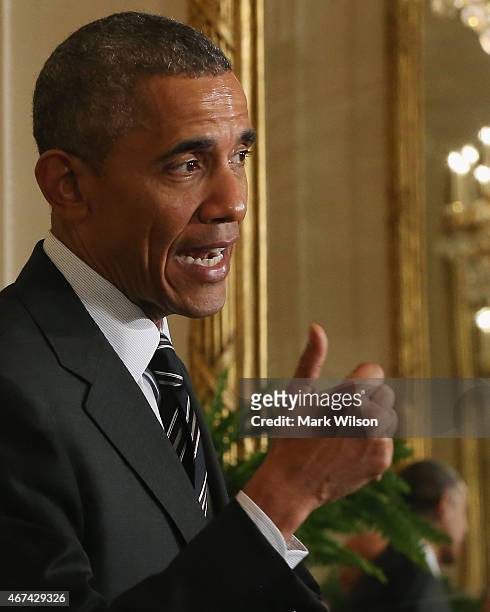 President Barack Obama speaks during a news conference with Afghan President Ashram Ghani in the East Room at the White House on March 24, 2015 in...