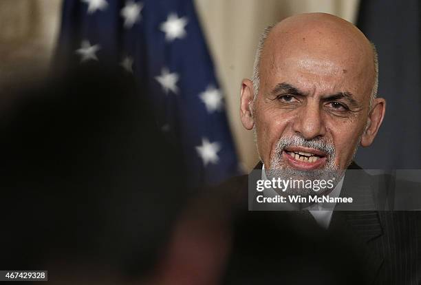 President of Afghanistan Ashraf Ghani answers a question while holding a joint press conference with U.S. President Barack Obama in the East Room of...