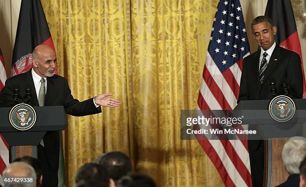 President of Afghanistan Ashraf Ghani answers a question while holding a joint press conference with U.S. President Barack Obama in the East Room of...