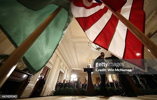 President Barack Obama and the President of Afghanistan Ashraf Ghani shake hands after holding a joint press conference in the East Room of the White...