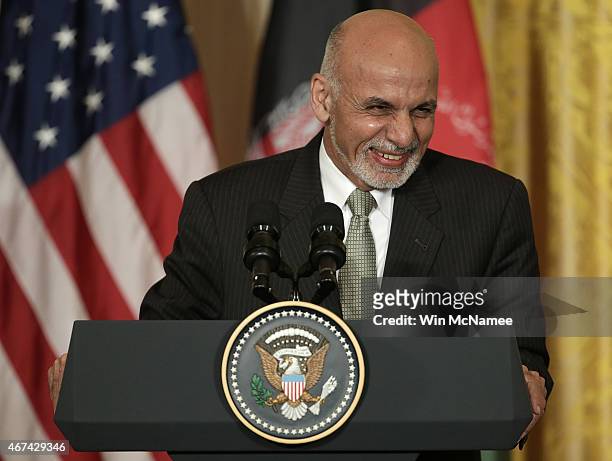 President of Afghanistan Ashraf Ghani delivers remarks while holding a joint press conference with U.S. President Barack Obama in the East Room of...