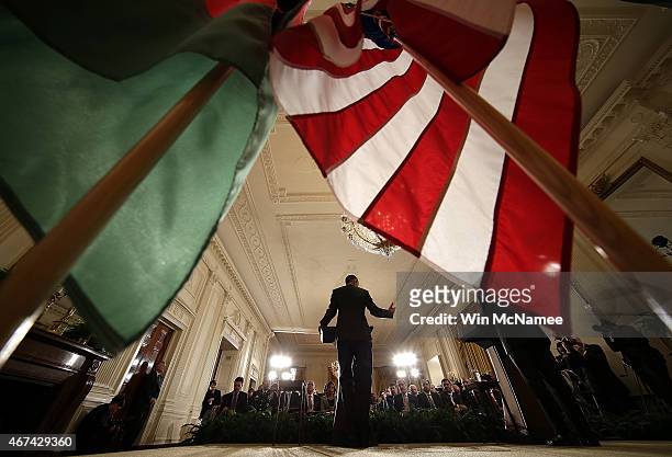 President Barack Obama answers a question while holding a joint press conference with President of Afghanistan Ashraf Ghani in the East Room of the...
