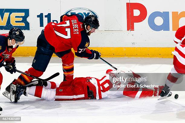 Tom Gilbert of the Florida Panthers tangles with Joakim Andersson of the Detroit Red Wings at the BB&T Center on February 6, 2014 in Sunrise, Florida.