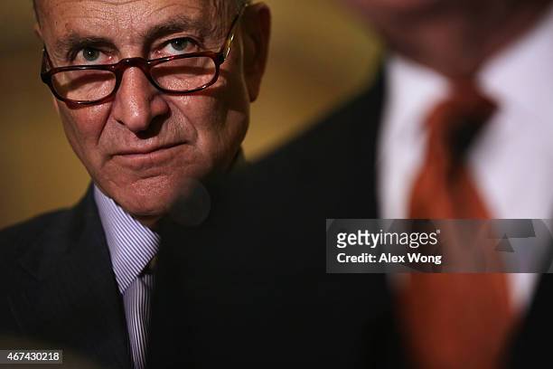 Sen. Charles Schumer listens during a news briefing after the weekly Democratic Policy Luncheon March 24, 2015 at the U.S. Capitol in Washington, DC....