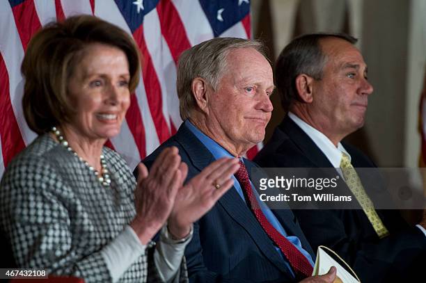 House Minority Leader Nancy Pelosi, D-Calif., golf legend Jack Nicklaus, and Speaker John Boehner, R-Ohio, attend a Congressional Gold Medal in the...