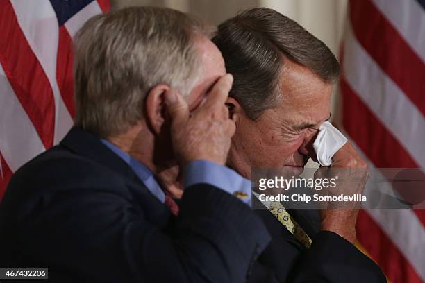 Golf legend Jack Nicklaus and Speaker of the House John Boehner wipe away tears after listening to the remarks of Nicklaus' son Jack Nicklaus II...