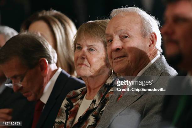 Golf legend Arnold Palmer and his wife Kathleen Gawthrop attend fellow golf champion Jack Nicklaus' Congressional Gold Medal ceremony in the U.S....