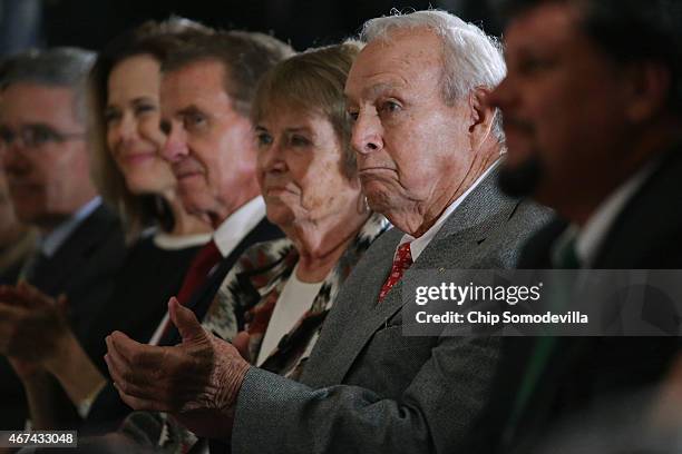 Golf legend Arnold Palmer and his wife Kathleen Gawthrop attend fellow golf champion Jack Nicklaus' Congressional Gold Medal ceremony in the U.S....