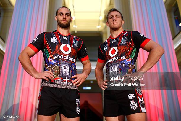 Ryan Hoffman and Simon Mannering of the Warriors pose in the new strip during the launch of the New Zealand Warriors NRL ANZAC Day Commemorative...