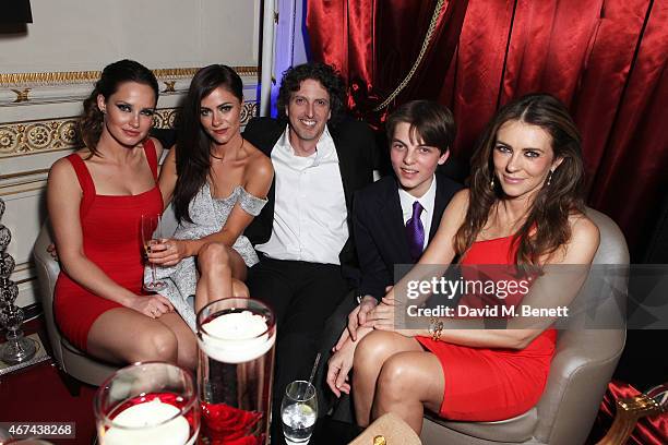 Merritt Patterson, Alexandra Park, Mark Schwahn, Damien Hurley and Elizabeth Hurley attend the 'The Royals' UK premiere party at the Mandarin...