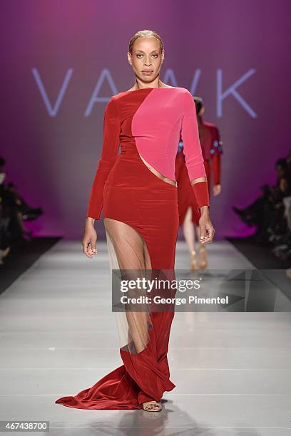 Stacey McKenzie walks the runway wearing Vawk fall 2015 collection during World MasterCard Fashion Week Fall 2015 at David Pecaut Square on March 24,...