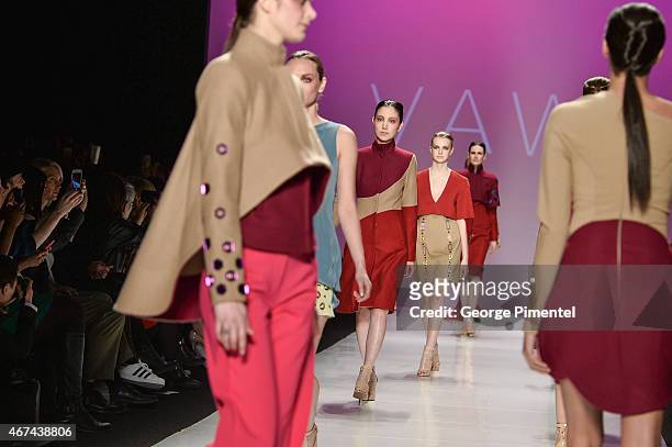 Models walk the runway wearing Vawk fall 2015 collection during World MasterCard Fashion Week Fall 2015 at David Pecaut Square on March 24, 2015 in...