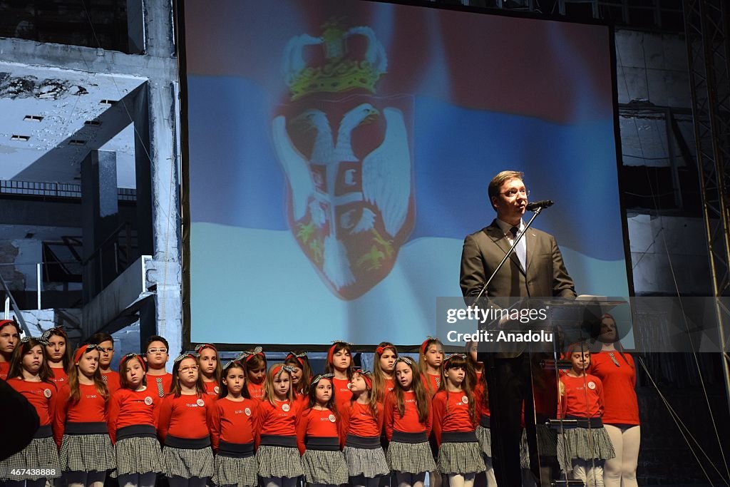 BELGRADE, SERBIA - MARCH 24: Serbian Prime Minister Aleksandar Vucic (C) attends the commemoration ceremony on the 16th anniversary of NATO's air bombardment in Belgrade, Serbia on March 24, 2015. The NATO bombing of Yugoslavia was the military operation against the Federal Republic of Yugoslavia during the Kosovo War. The operation sought to stop human rights abuses in Kosovo. (Photo by Kristina Maslarevic/Anadolu Agency/Getty Images)