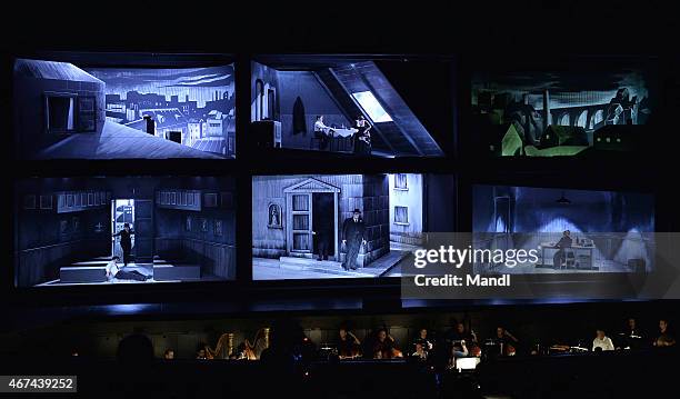 Actors are seen during a photo rehearsal for the opera Cavalleria rusticana/Pagliacci prior the Salzburg Easter Festival on March 24, 2015 in...