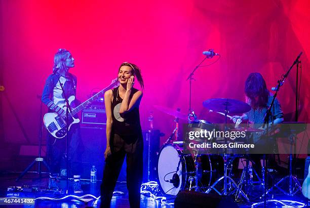 Jenny Lee Lindberg, Emily Kokal and Stella Mozgawa of American band Warpaint performs on stage at O2 ABC Glasgow on March 24, 2015 in Glasgow, United...