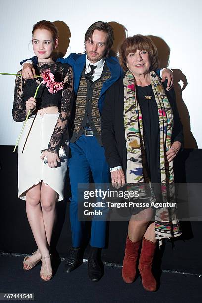 Actors Emilia Schuele, Hannelore Hoger and Tom Schilling attend the premiere of the film 'Tod den Hippies - Es lebe der Punk!' at UCI Kinowelt on...