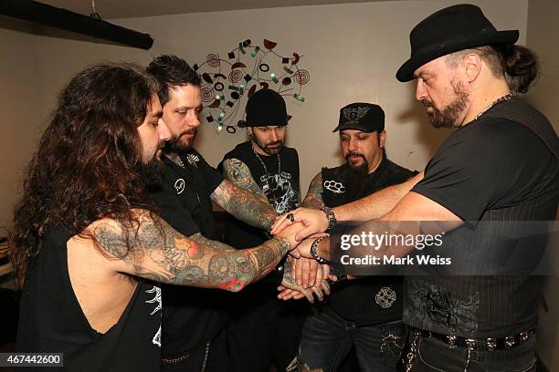 Mike Portnoy, Erik Leonhardt, Chad Szeliga, Mike Orlando and Russell Allen of Adrenaline Mob backstage during the A.J. Pero Tribute Concert at...