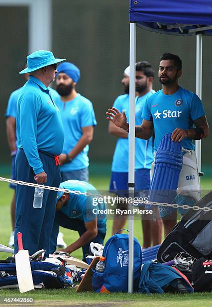 Virat Kohli of India speaks with Duncan Fletcher, coach of India, during the India nets session at Sydney Cricket Ground on March 25, 2015 in Sydney,...