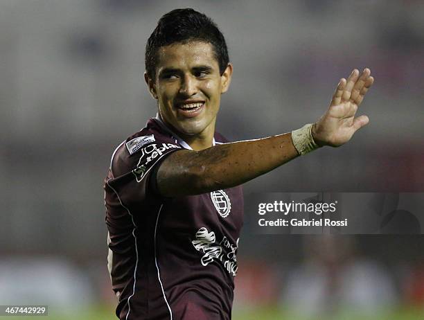 Victor Ayala of Lanus celebrates a goal during a match between Lanus and Caracas as part of the Copa Bridgestone Libertadores at Ciudad de Lanus...