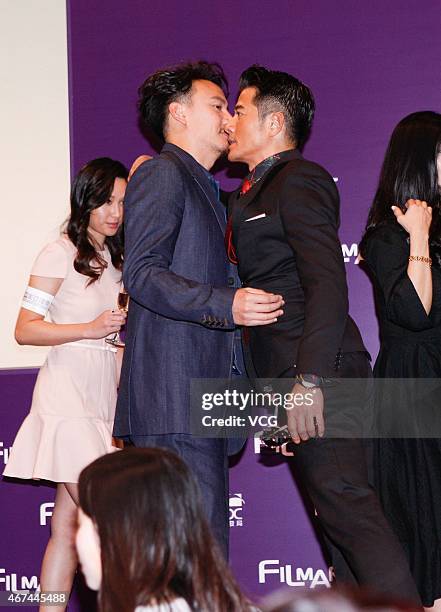 Actor Aaron Kwok and actor Chang Chen promote "Port Of Call" Press Conference during the Hong Kong International Film Festival 2015 on March 24, 2015...