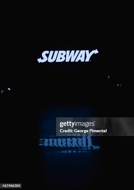 Model walks the runway wearing Vawk fall 2015 collection during World MasterCard Fashion Week Fall 2015 at David Pecaut Square on March 24, 2015 in...