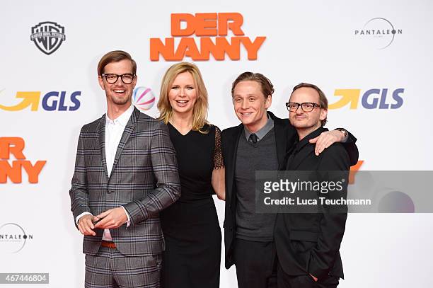 Joko Winterscheidt; Veronica Ferres; Matthias Schweighoefer and Milan Peschel attend the German premiere of the film 'Der Nanny' at CineStar on March...