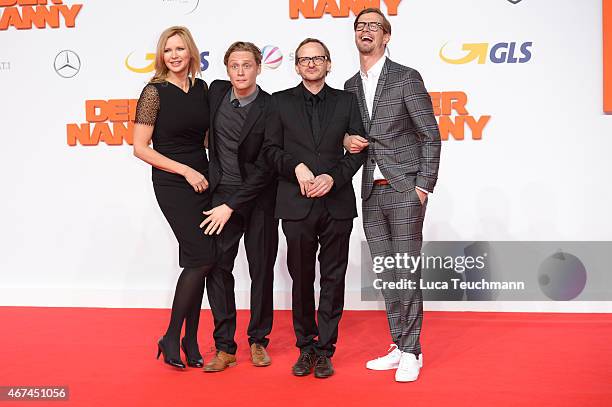 Joko Winterscheidt; Veronica Ferres; Matthias Schweighoefer and Milan Peschel attend the German premiere of the film 'Der Nanny' at CineStar on March...