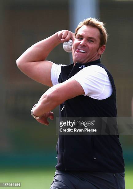 Shane Warne bowls to Michael Clarke of Australia during an Australian nets session at Sydney Cricket Ground on March 25, 2015 in Sydney, Australia.