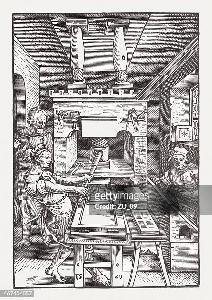 stockillustraties, clipart, cartoons en iconen met printing press, 1520, wood engraving, published in 1879 - printing
